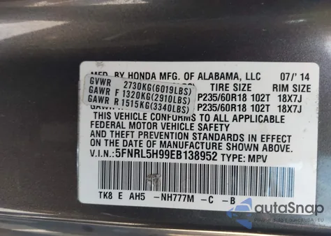 2014 Honda Odyssey Touring/Touring Elite z USA, uszkodzony, nr VIN 5FNRL5H99EB138952